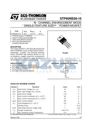 STP80NE06-10 datasheet - N - CHANNEL ENHANCEMENT MODE SINGLE FEATURE SIZE POWER MOSFET