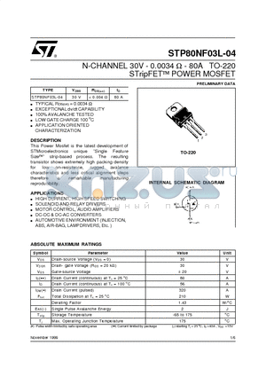 STP80NF03 datasheet - N-CHANNEL 30V - 0.0034 ohm - 80A TO-220 STripFET POWER MOSFET