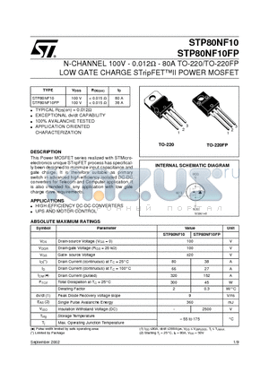 STP80NF10 datasheet - N-CHANNEL 100V - 0.012ohm - 80A TO-220/TO-220FP LOW GATE CHARGE STripFETII POWER MOSFET