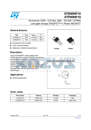 STP80NF10 datasheet - N-channel 100V - 0.012OHM - 80A - TO-220 / D2PAK Low gate charge STRIPFET TM  II Power MOSFET