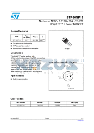 STP80NF12 datasheet - N-channel 120V - 0.013ohm - 80A - TO-220 STripFET TM II Power MOSFET