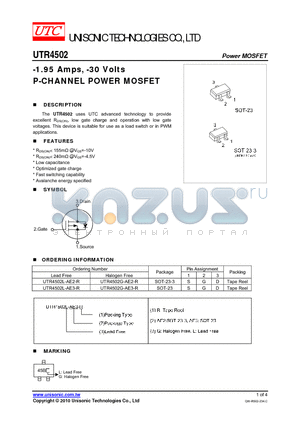 UTR4502G-AE2-R datasheet - -1.95 Amps, -30 Volts P-CHANNEL POWER MOSFET