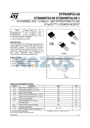 STP80NF55-08 datasheet - N-CHANNEL 55V - 0.0065 ohm - 80A D2PAK/I2PAK/TO-220 STripFET II POWER MOSFET