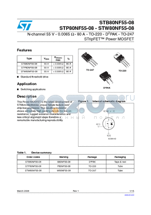 STP80NF55-08 datasheet - N-channel 55 V - 0.0065 Y - 80 A - TO-220 - D2PAK - TO-247 STripFET Power MOSFET