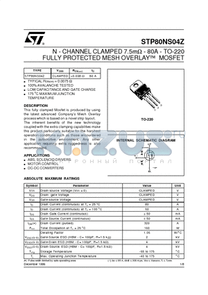 STP80NS04Z datasheet - N - CHANNEL CLAMPED 7.5mohm - 80A - TO-220 FULLY PROTECTED MESH OVERLAY  MOSFET