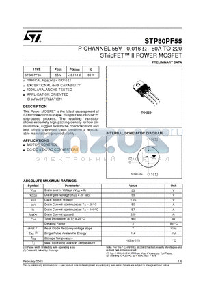 STP80PF55 datasheet - P-CHANNEL 55V - 0.016 ohm - 80A TO-220 STripFET II POWER MOSFET