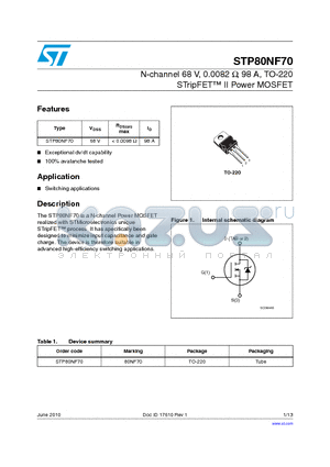 STP80NF70 datasheet - N-channel 68 V, 0.0082 Y, 98 A, TO-220 STripFET II Power MOSFET