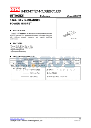 UTT100N05 datasheet - 100A, 50V N-CHANNEL POWER MOSFET