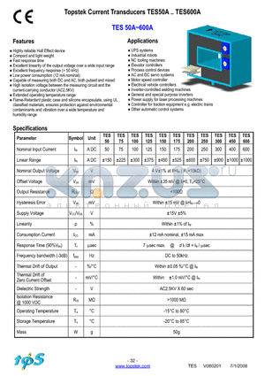 TES100 datasheet - Topstek Current Transducers