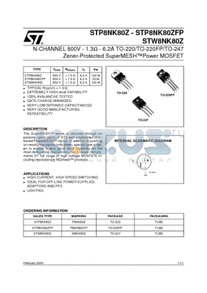 STP8NK80Z datasheet - N-CHANNEL 800V - 1.3ohm - 6.2A TO-220/TO-220FP/TO-247 Zener-Protected SuperMESHPower MOSFET