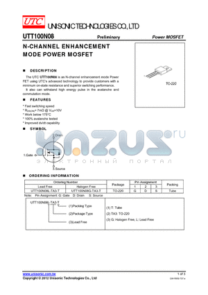 UTT100N08G-TA3-T datasheet - N-CHANNEL ENHANCEMENT MODE POWER MOSFET