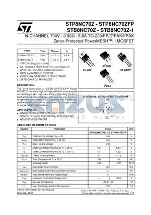 STP8NC70ZFP datasheet - N-CHANNEL 700V - 0.90ohm - 6.8A TO-220/FP/D2PAK/I2PAK Zener-Protected PowerMESHIII MOSFET