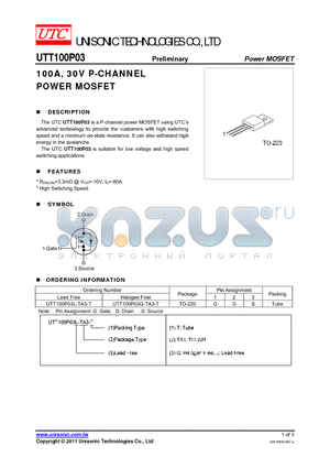 UTT100P03 datasheet - 100A, 30V P-CHANNEL POWER MOSFET