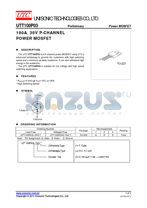 UTT100P03L-TA3-T datasheet - 100A, 30V P-CHANNEL POWER MOSFET