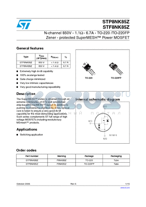 STP8NK85Z datasheet - N-CHANNEL 850V -1.1ohm - 6.7A TO-220/TO-220FP Zener-Protected SuperMESH  MOSFET