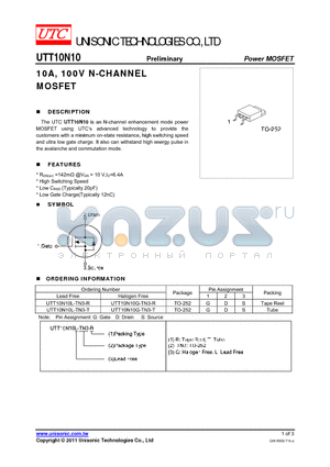 UTT10N10 datasheet - 10A, 100V N-CHANNEL MOSFET