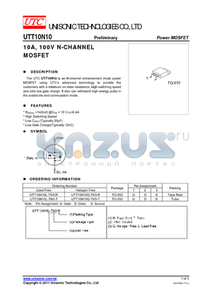 UTT10N10L-TN3-T datasheet - 10A, 100V N-CHANNEL MOSFET