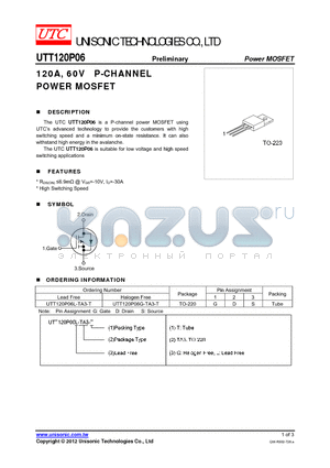 UTT120P06 datasheet - 120A, 60V P-CHANNEL POWER MOSFET