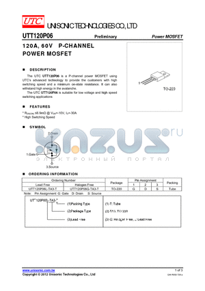 UTT120P06G-TA3-T datasheet - 120A, 60V P-CHANNEL POWER MOSFET