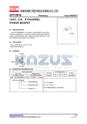UTT12P10 datasheet - 100V, 12A P-CHANNEL POWER MOSFET