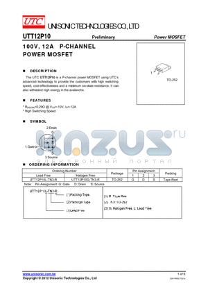 UTT12P10G-TN3-R datasheet - 100V, 12A P-CHANNEL POWER MOSFET