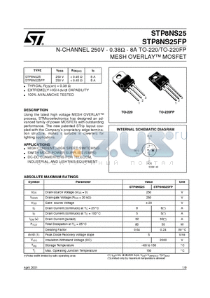 STP8NS25FP datasheet - N-CHANNEL 250V - 0.38ohm - 8A TO-220/TO-220FP MESH OVERLAY MOSFET