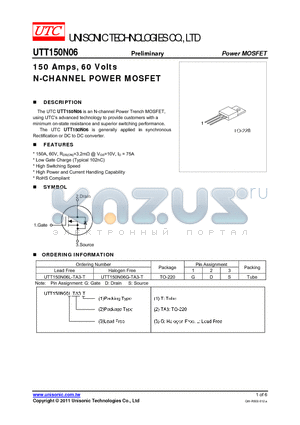 UTT150N06L-TA3-T datasheet - 150 Amps, 60 Volts N-CHANNEL POWER MOSFET