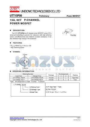 UTT15P06G-TN3-R datasheet - 15A, 60V P-CHANNEL POWER MOSFET