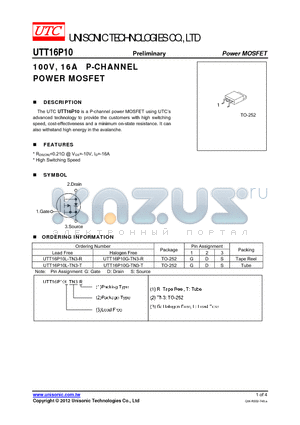 UTT16P10 datasheet - 100V, 16A P-CHANNEL POWER MOSFET