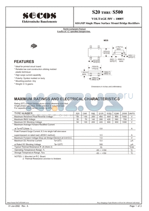 S500 datasheet - VOLTAGE 50V ~ 1000V 0.8AMP Single Phase Surface Mount Bridge Rectifiers