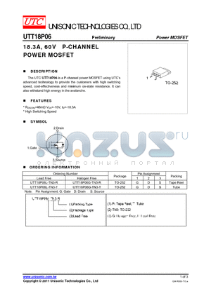 UTT18P06L-TN3-R datasheet - 18.3A, 60V P-CHANNEL POWER MOSFET
