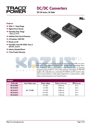 TES20 datasheet - DC/DC Converters - TES 20 Series, 20 Watt