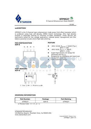 STP9527 datasheet - STP9527 is the P-Channel logic enhancement mode power field effect transistor which is produced using high cell density, DMOS trench technology.