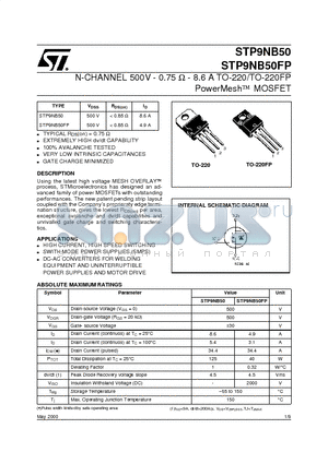 STP9NB50FP datasheet - N-CHANNEL 500V - 0.75 ohm - 8.6 A TO-220/TO-220FP PowerMesh  MOSFET