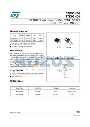 STP95N04 datasheet - N-CHANNEL 40V - 5.4mohm - 80A - DPAK - TO-220 STripFET Power MOSFET