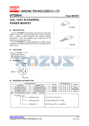 UTT20N10G-TA3-T datasheet - 20A, 100V N-CHANNEL POWER MOSFET