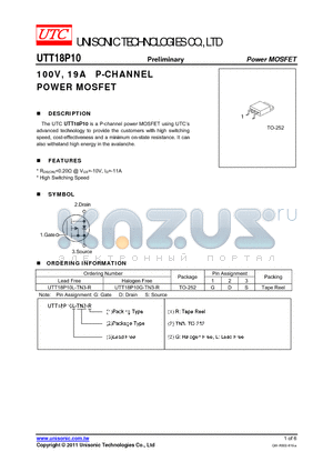 UTT18P10G-TN3-R datasheet - 100V, 19A P-CHANNEL POWER MOSFET