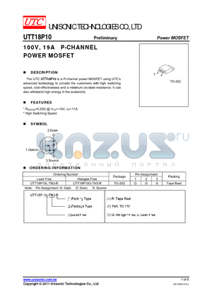 UTT18P10L-TN3-R datasheet - 100V, 19A P-CHANNEL POWER MOSFET