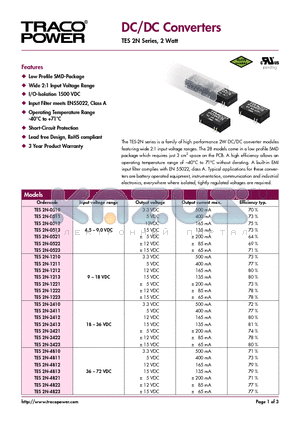 TES2N datasheet - DC/DC Converters - TES 2N Series, 2 Watt