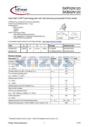 SKP02N120 datasheet - Fast IGBT in NPT-technology with soft, fast recovery anti-parallel EmCon diode