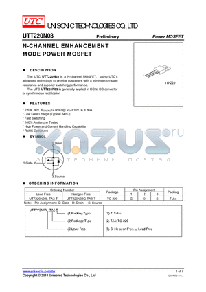 UTT220N03G-TA3-T datasheet - N-CHANNEL ENHANCEMENT MODE POWER MOSFET