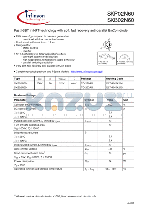 SKP02N60 datasheet - Fast IGBT in NPT-technology with soft, fast recovery anti-parallel EmCon diode