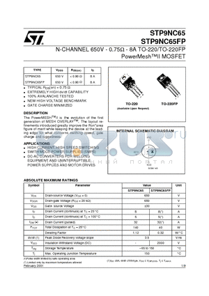 STP9NC65FP datasheet - N-CHANNEL 650V - 0.75omp - 8A TO-220/TO-220FP PowerMeshII MOSFET