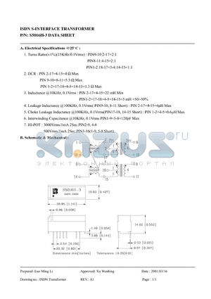 S5016H-3 datasheet - ISDN S-INTERFACE TRANSFORMER