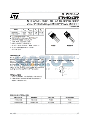 STP9NK65Z datasheet - N-CHANNEL 650V - 1ohm - 7A TO-220/TO-220FP Zener-Protected SuperMESHPower MOSFET