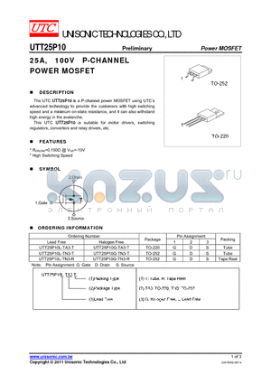 UTT25P10 datasheet - 25A, 100V P-CHANNEL POWER MOSFET