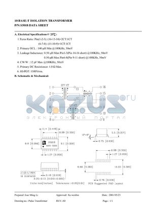 S5018 datasheet - 10 BASE-T ISOLATION TRANSFORMER