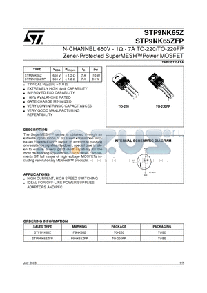 STP9NK65ZFP datasheet - N-CHANNEL 650V - 1ohm - 7A TO-220/TO-220FP Zener-Protected SuperMESHPower MOSFET