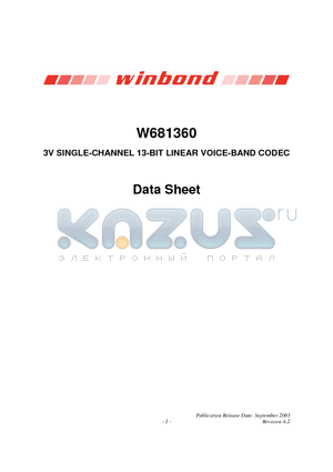 W681360R datasheet - 3V SINGLE-CHANNEL 13-BIT LINEAR VOICE-BAND CODEC