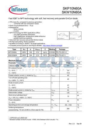 SKP10N60A datasheet - Fast IGBT in NPT-technology with soft, fast recovery anti-parallel EmCon diode